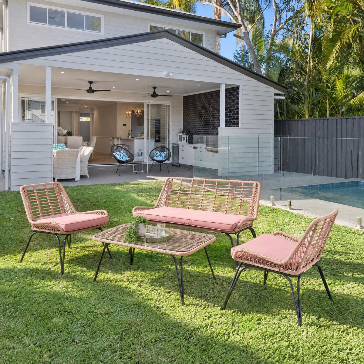 4-Piece Rope Outdoor Lounge Set, Pink