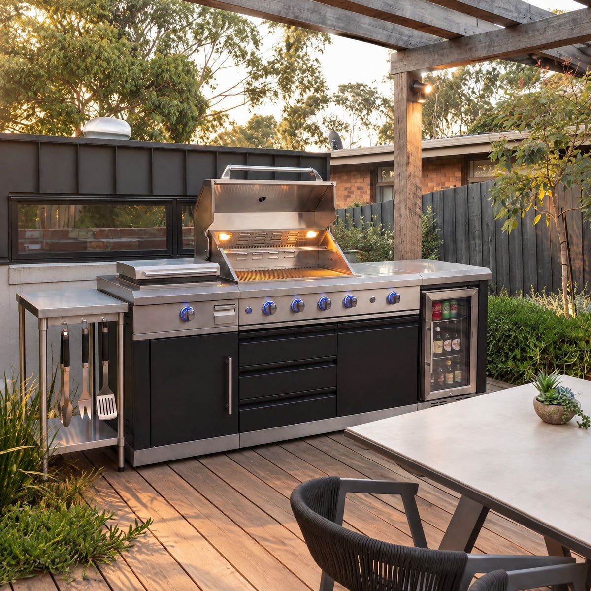 Modular Stainless Outdoor Kitchen with BBQ and Bar Fridge