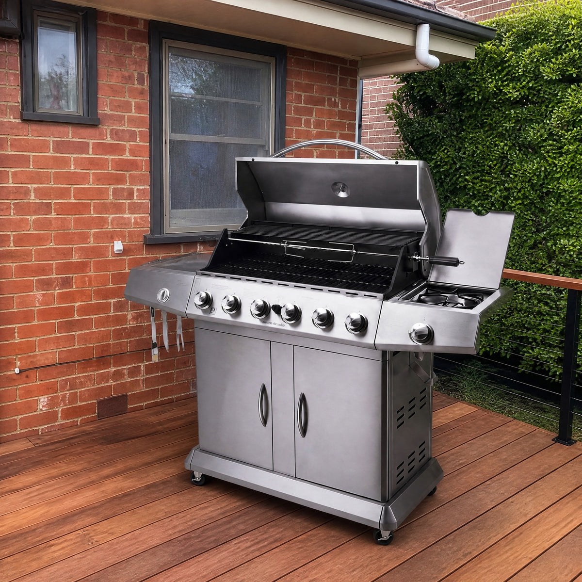 6-Burner Stainless Steel Hooded BBQ with Side Burner