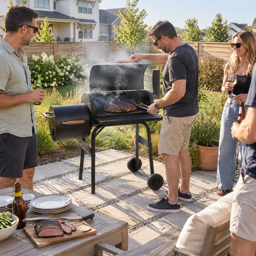 Large Charcoal BBQ with Wooden Handles - in use