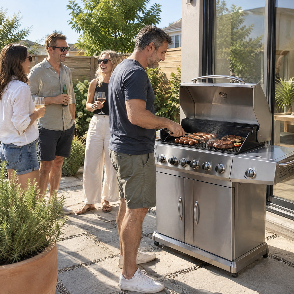 6-Burner Stainless Gas BBQ with Plancha - in use