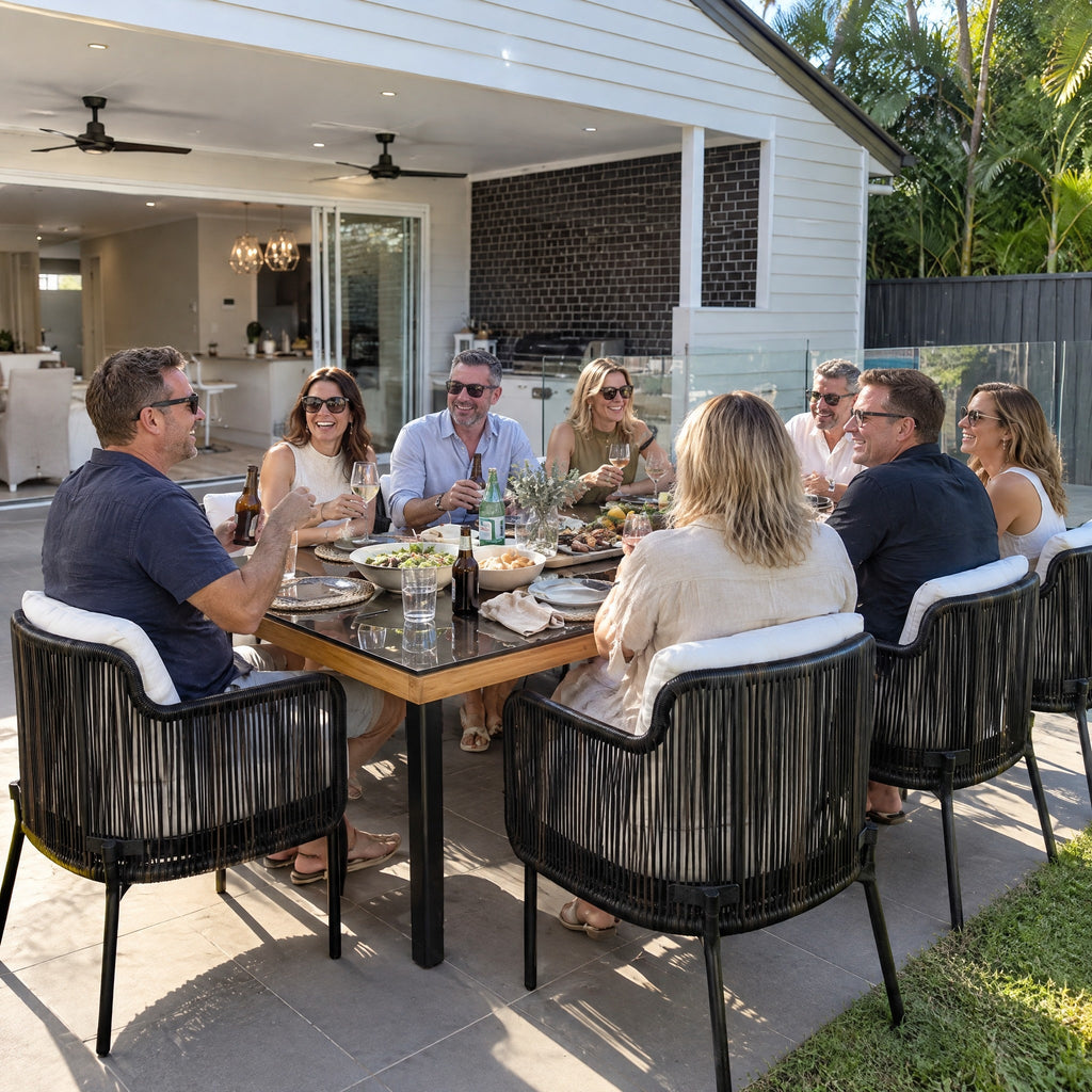 Rope Outdoor Dining Set, Long Table - in use