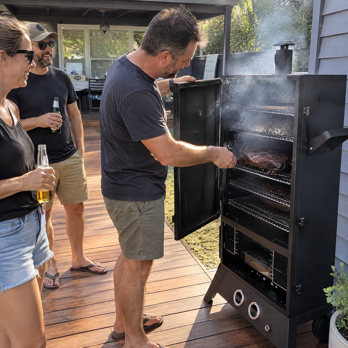 Gas Smoker with Double Burner and Chimney - in use