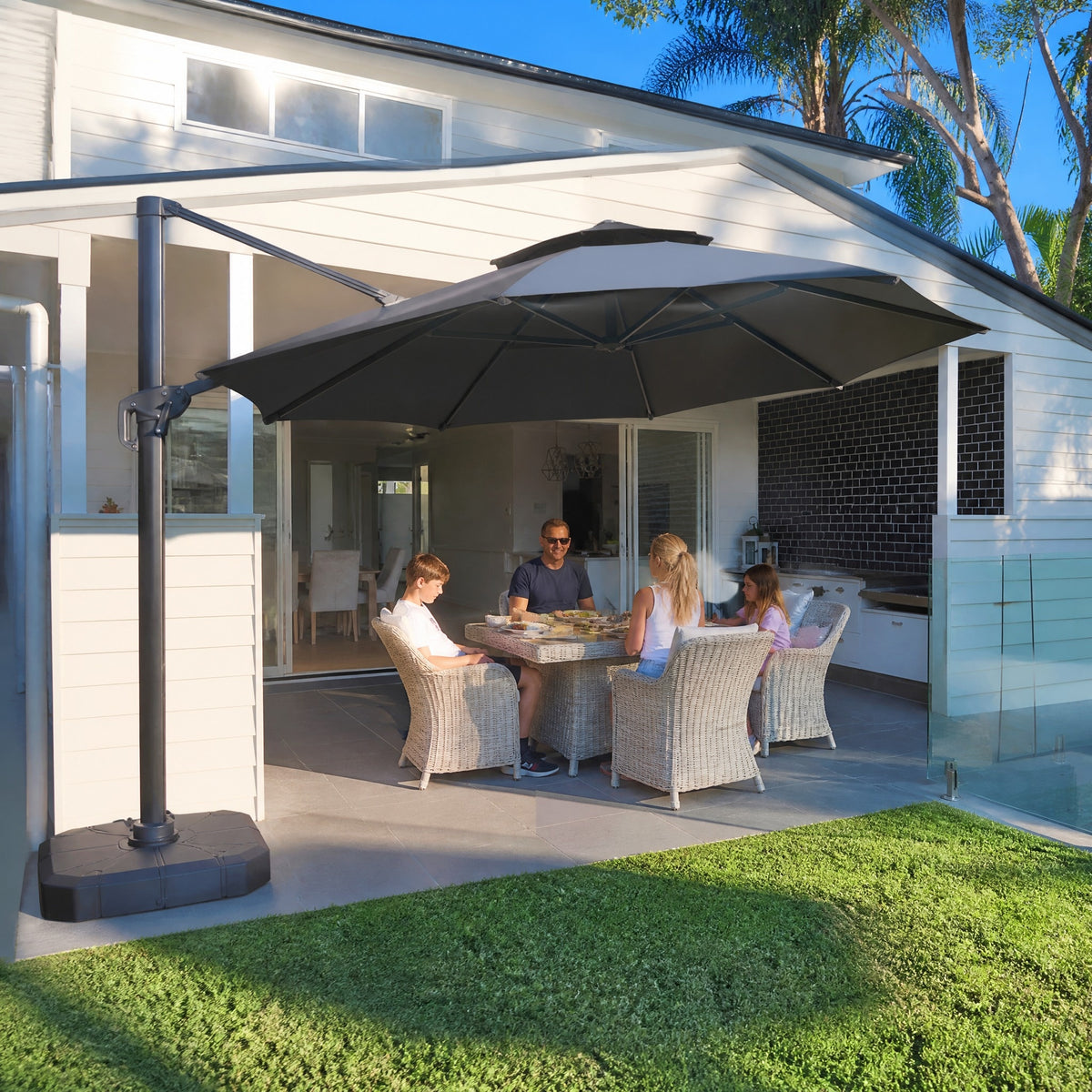 Double-Layer Vented Cantilever Umbrella, Black - in use