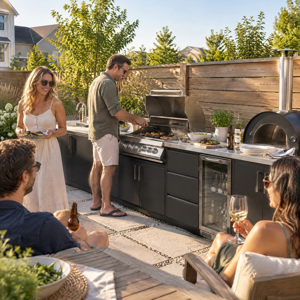 Stainless Outdoor Kitchen with BBQ, Black - in use