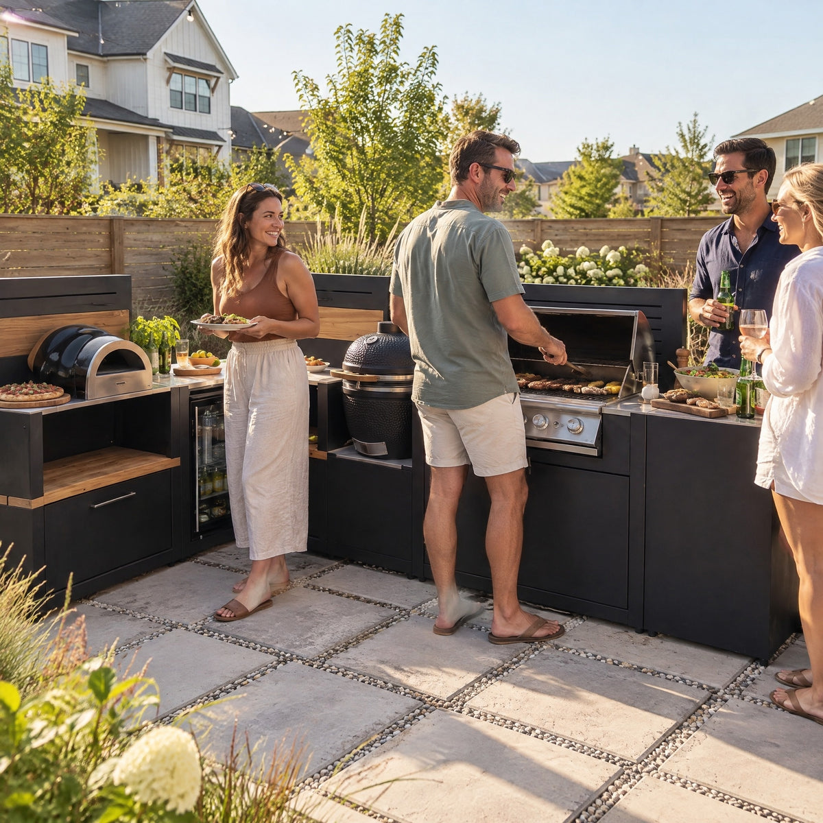 Outdoor Kitchen with Built-In Smoker - in use