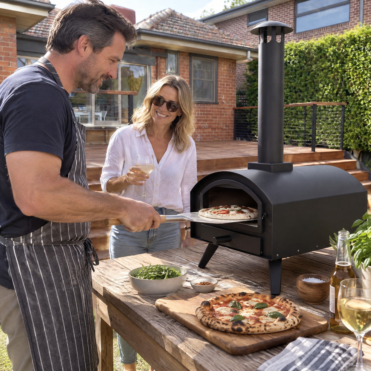 Pizza Oven with Sliding Drawer and Chimney - in use