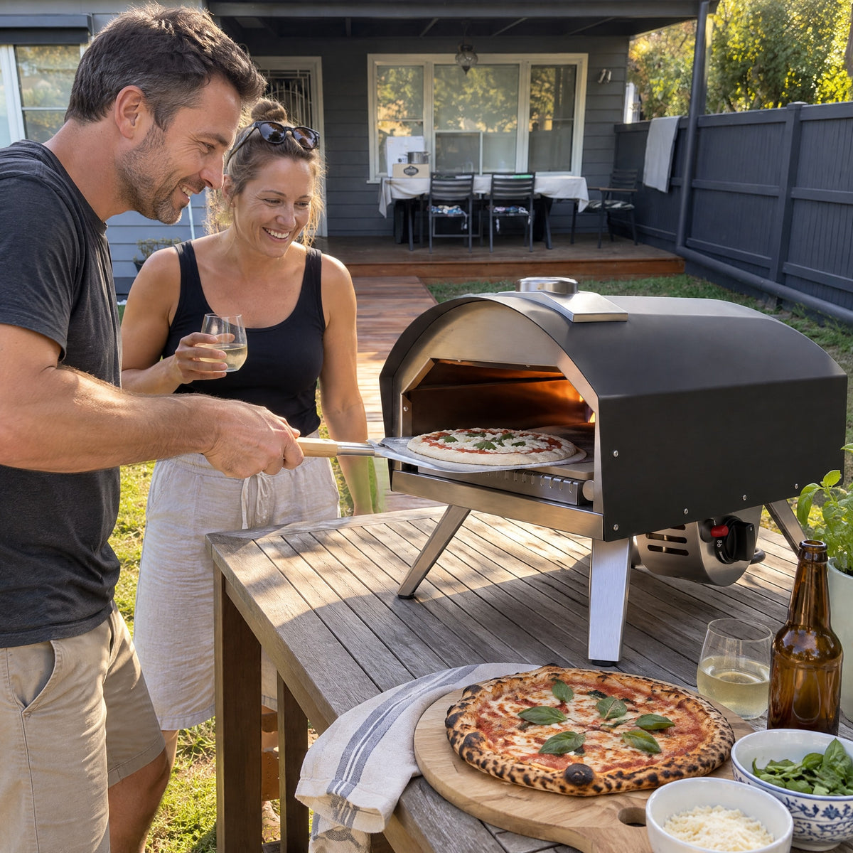 Foldable Gas Pizza Oven, Black - in use