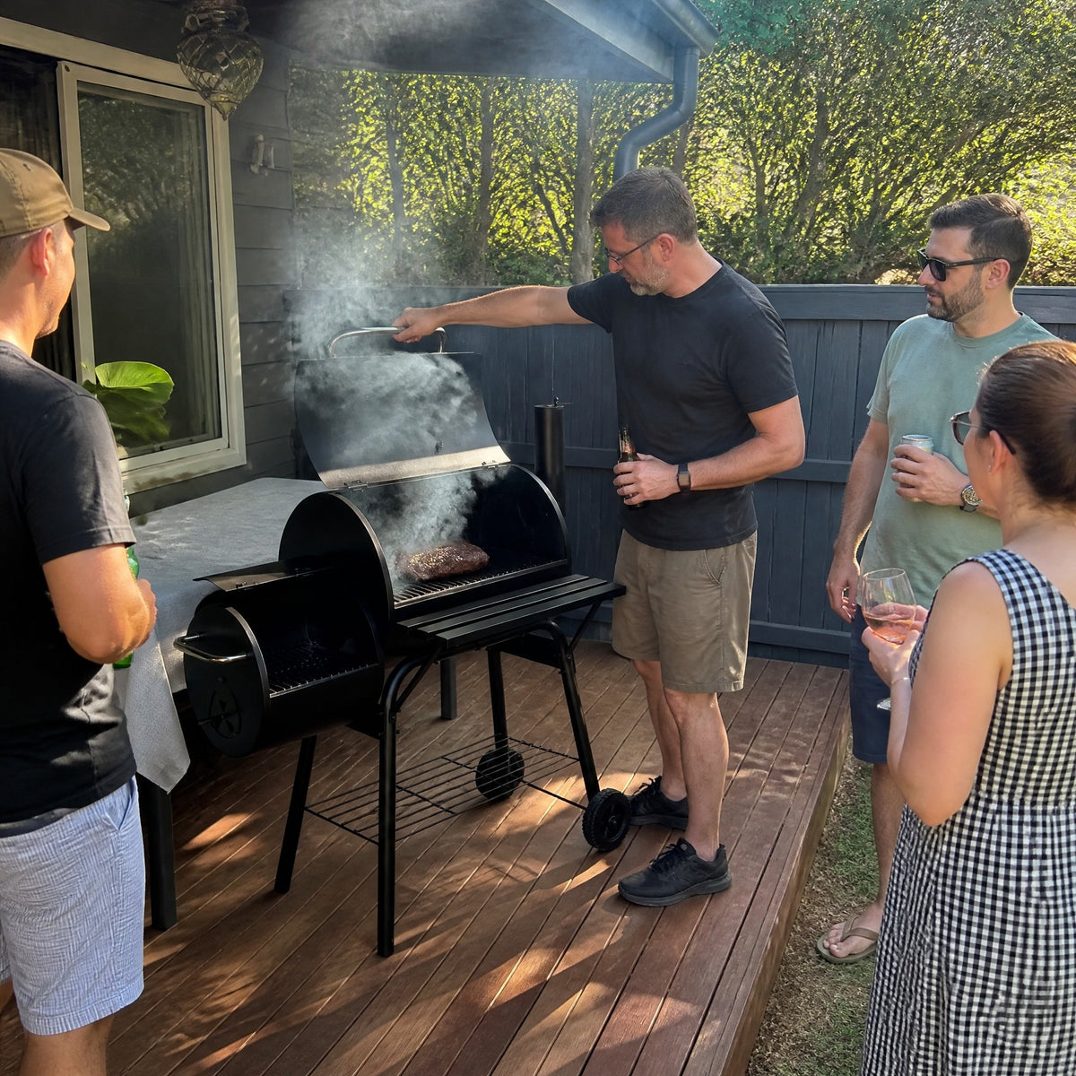 Charcoal Drum BBQ with Offset Firebox - in use