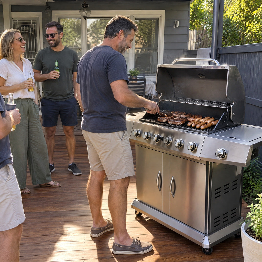 7-Burner Stainless Steel Gas BBQ - in use
