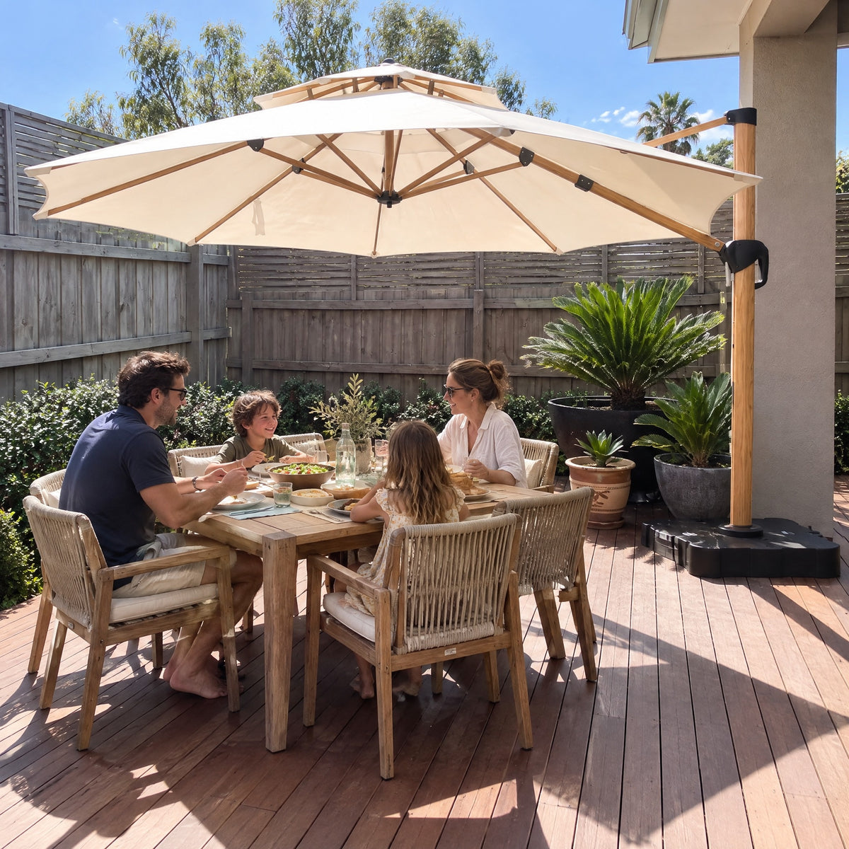 3.6m Cantilever Umbrella, Wood-Look Aluminium - in use
