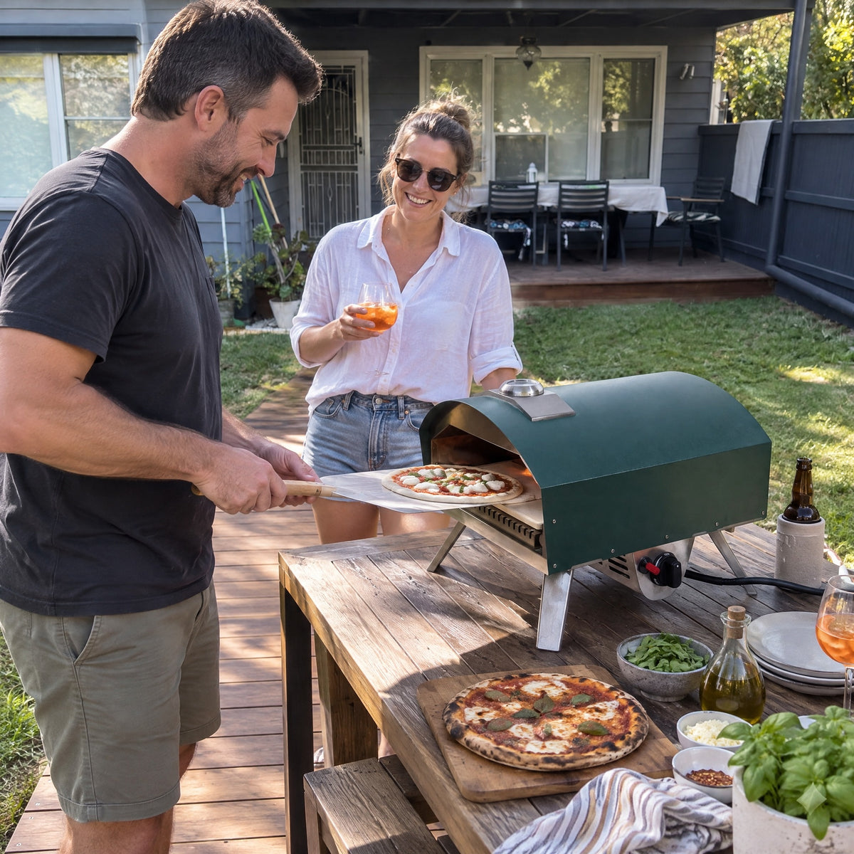 16" Gas Pizza Oven, U-Shaped Burner, Green - in use