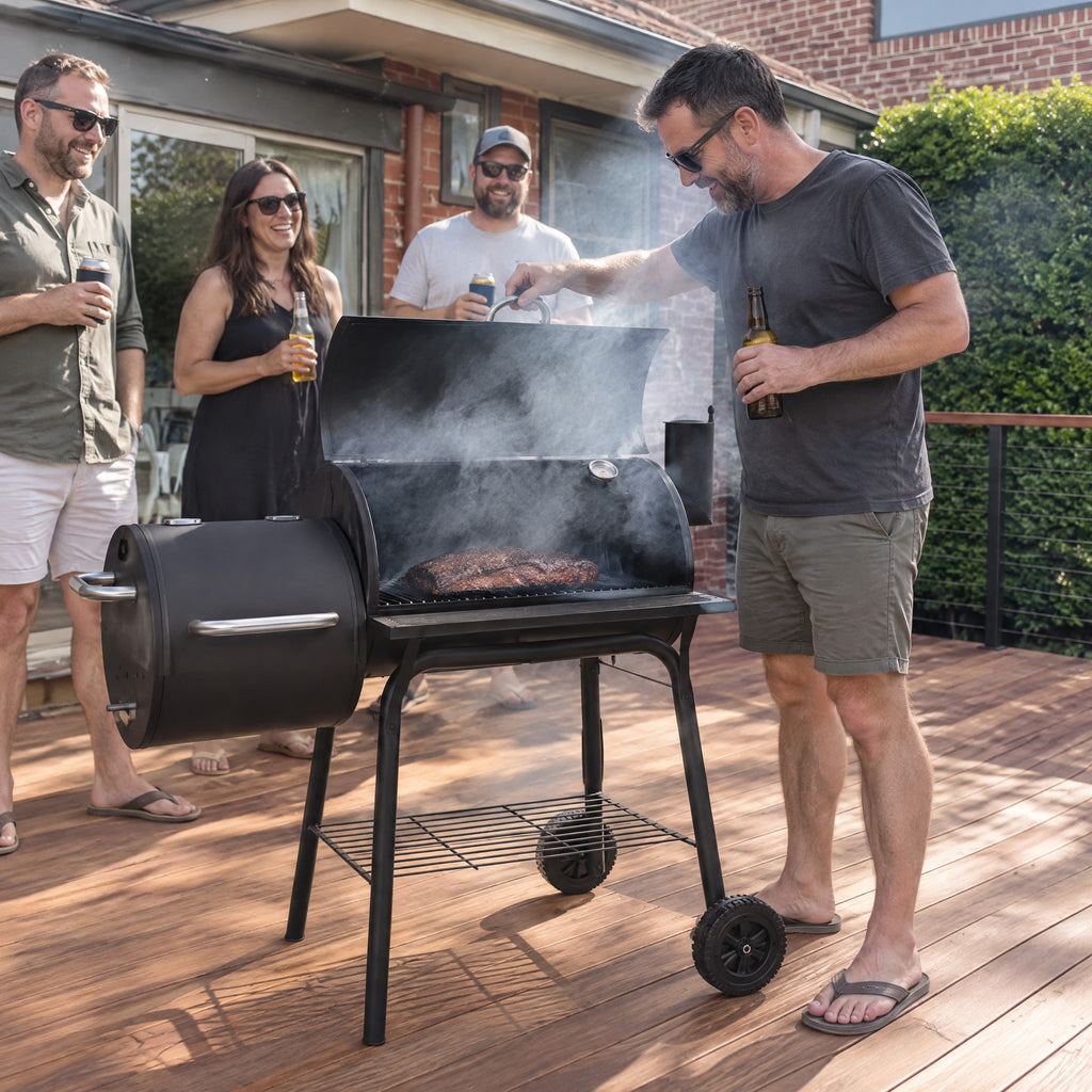 Charcoal Grill with Side Firebox - in use