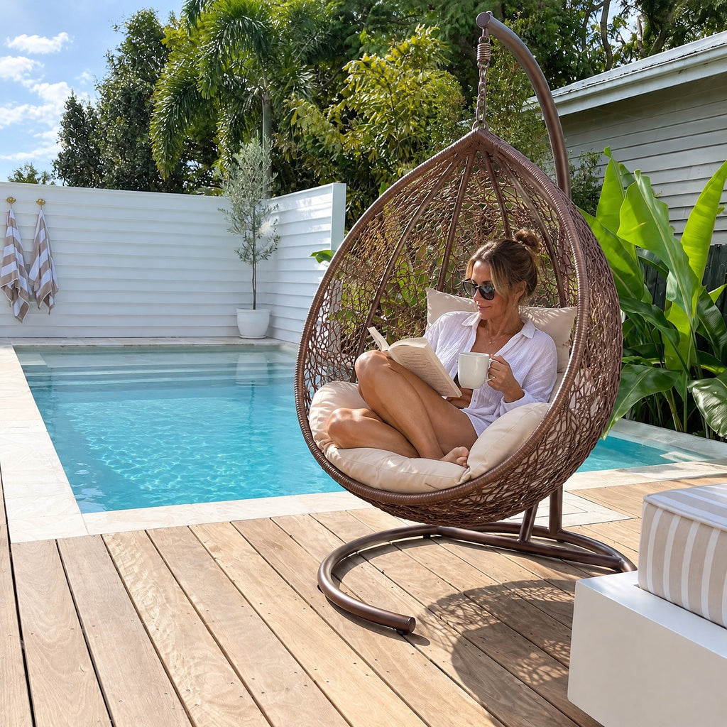 Hanging Rattan Egg Chair with Stand - in use