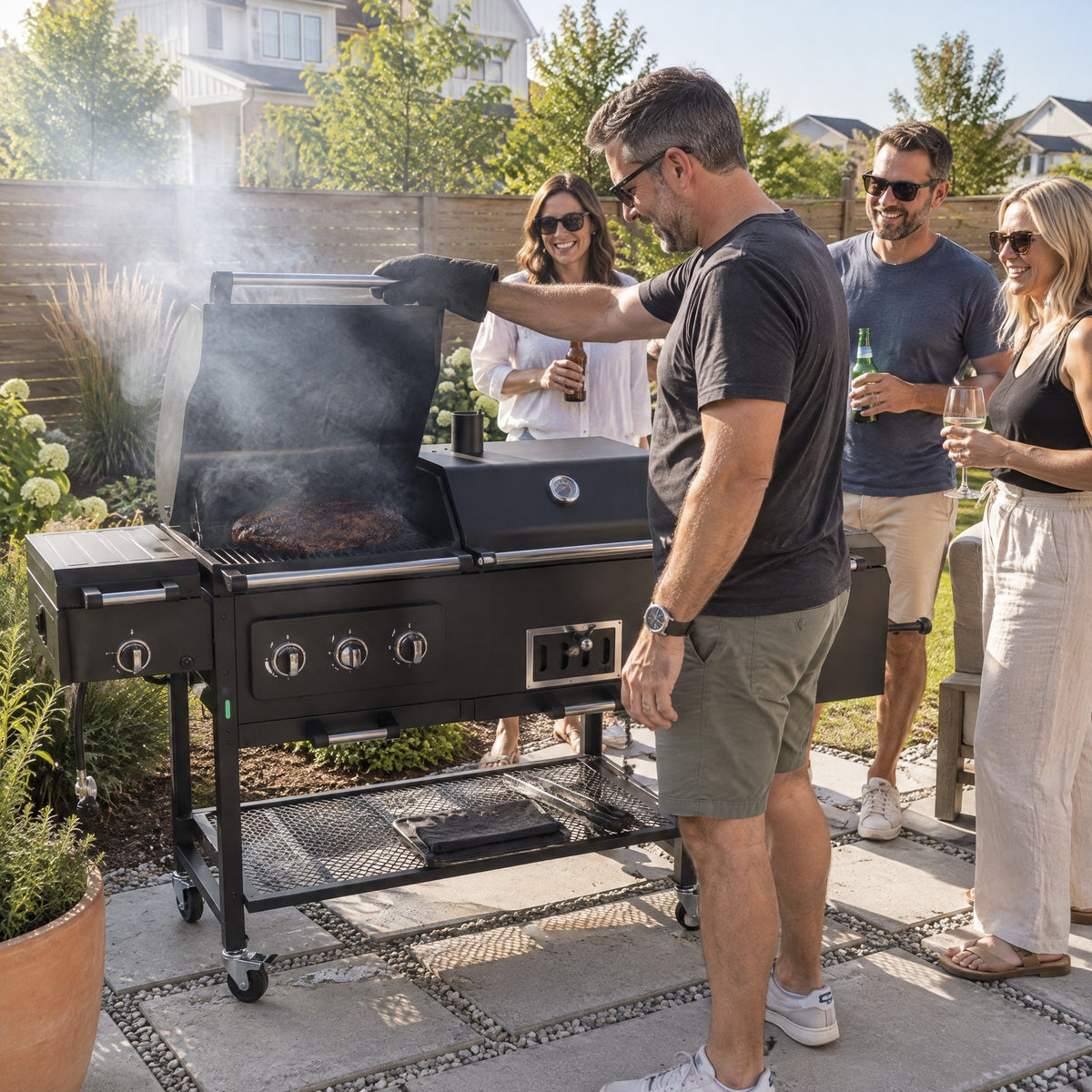 Gas and Charcoal Combo Grill - in use