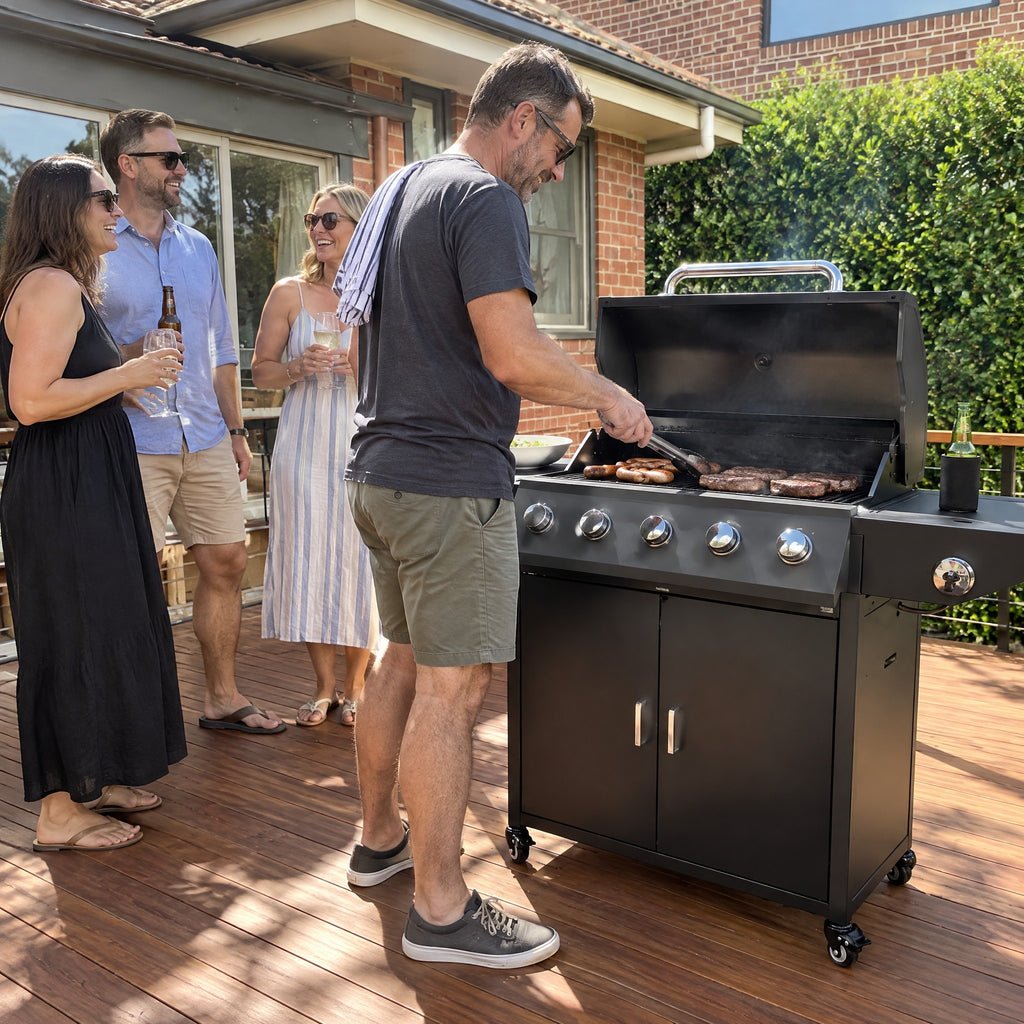 5-Burner Gas BBQ with Side Burner, Powder-Coated - in use