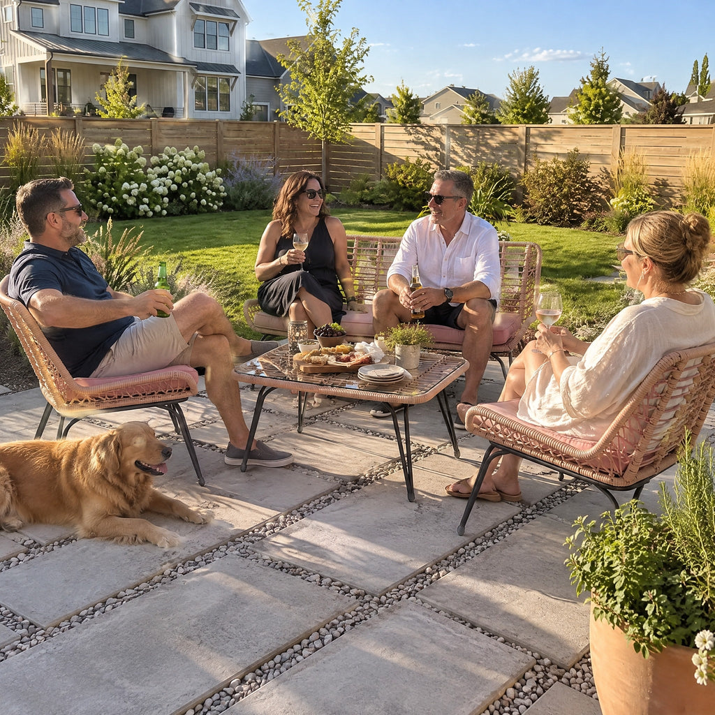 4-Piece Rope Outdoor Lounge Set, Pink - in use