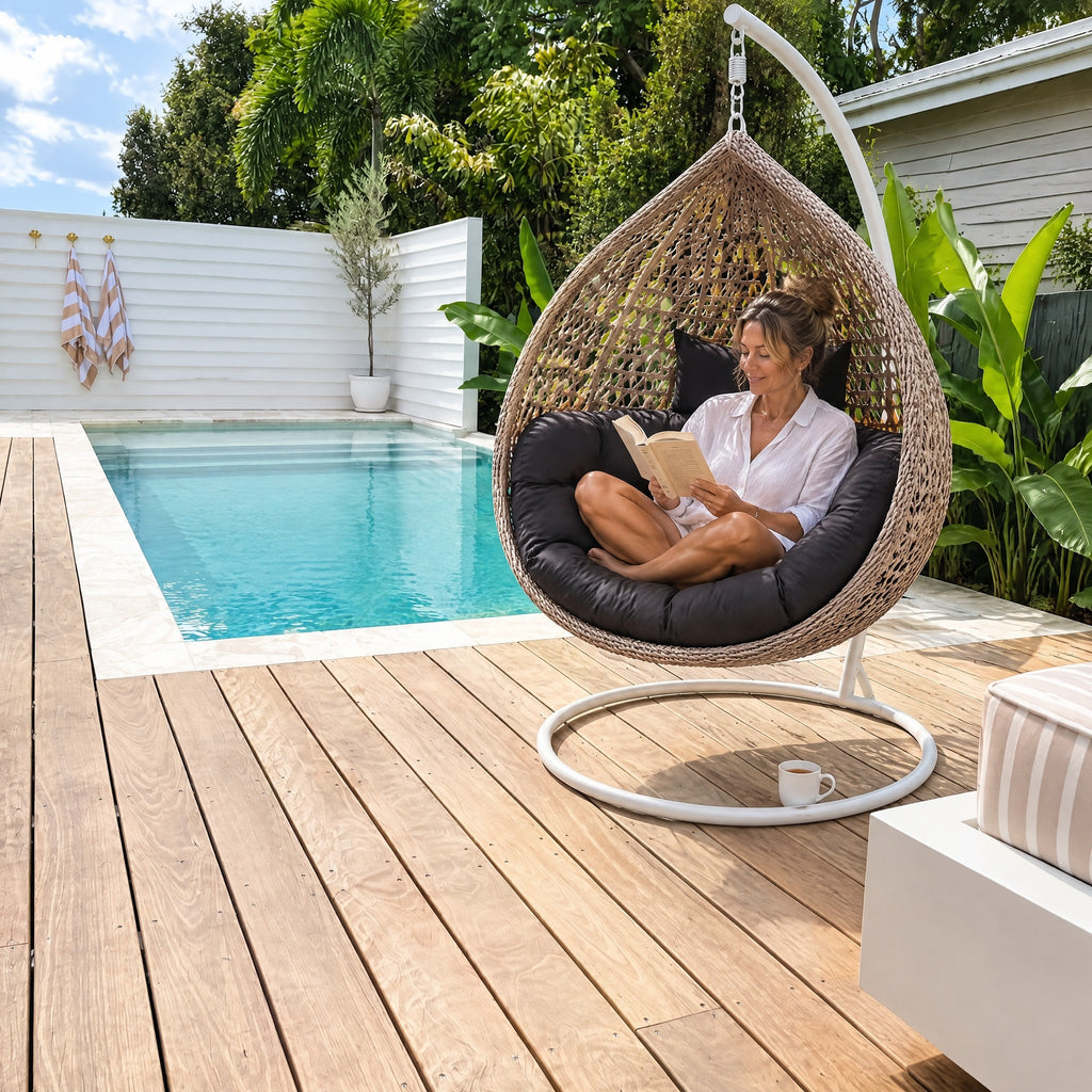 Hanging Rattan Egg Chair, Modern - in use