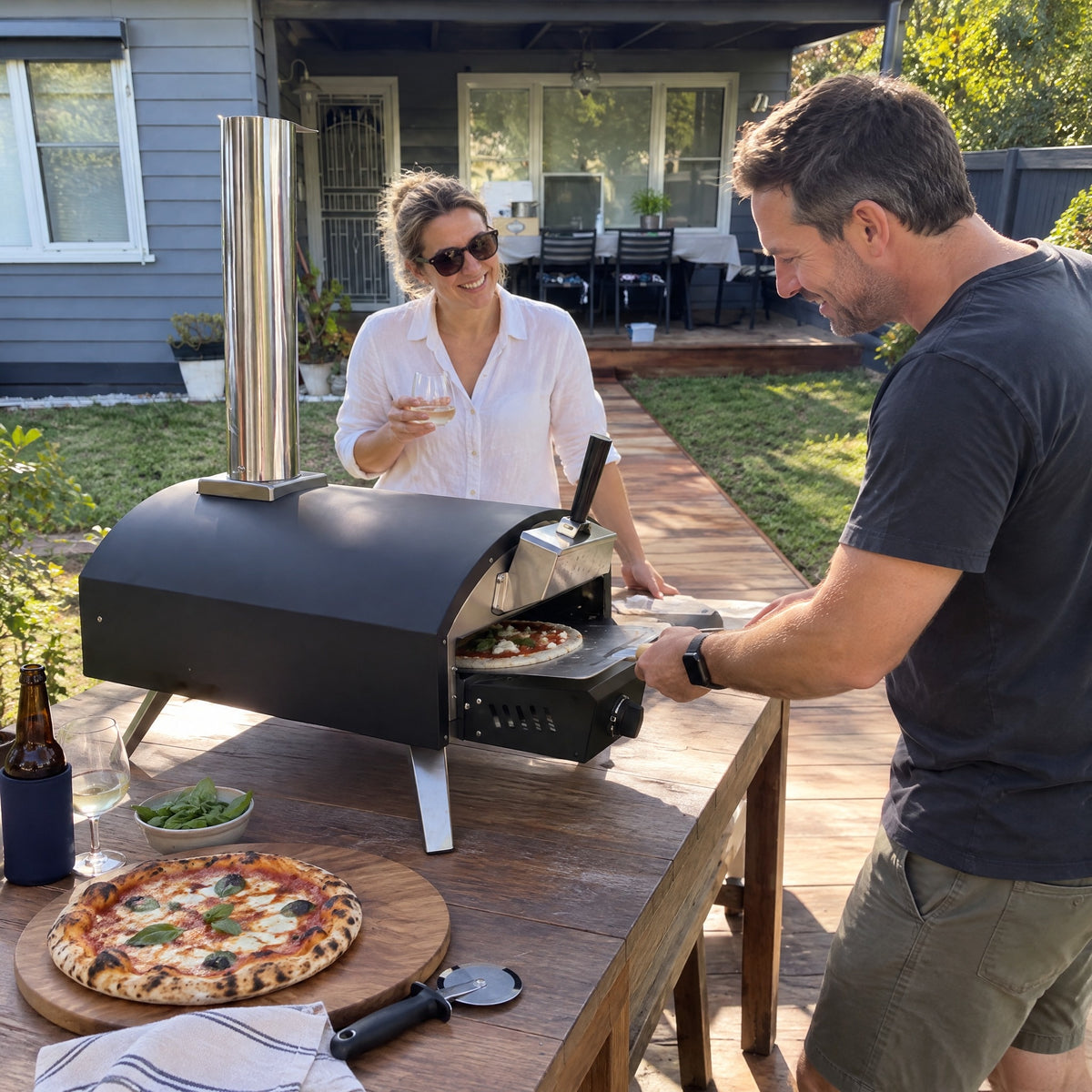 13" Multi-Fuel Pizza Oven, Gas and Wood - in use
