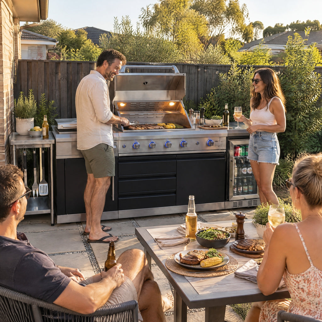 Modular Stainless Outdoor Kitchen with BBQ and Bar Fridge - in use