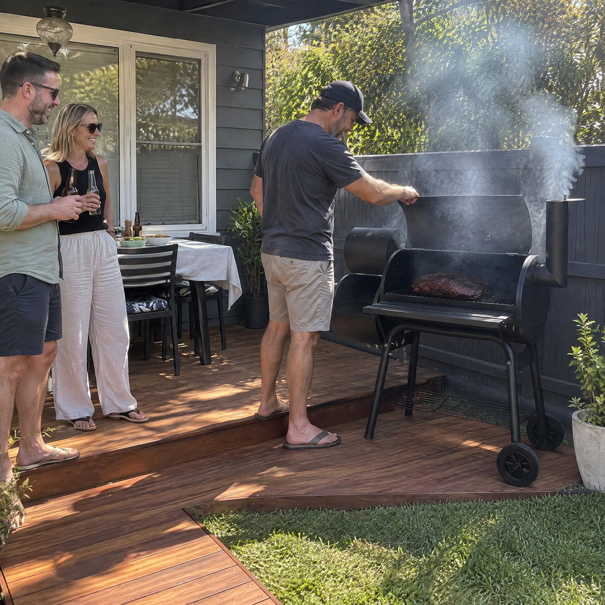 American-Style Charcoal Smoker Grill - in use