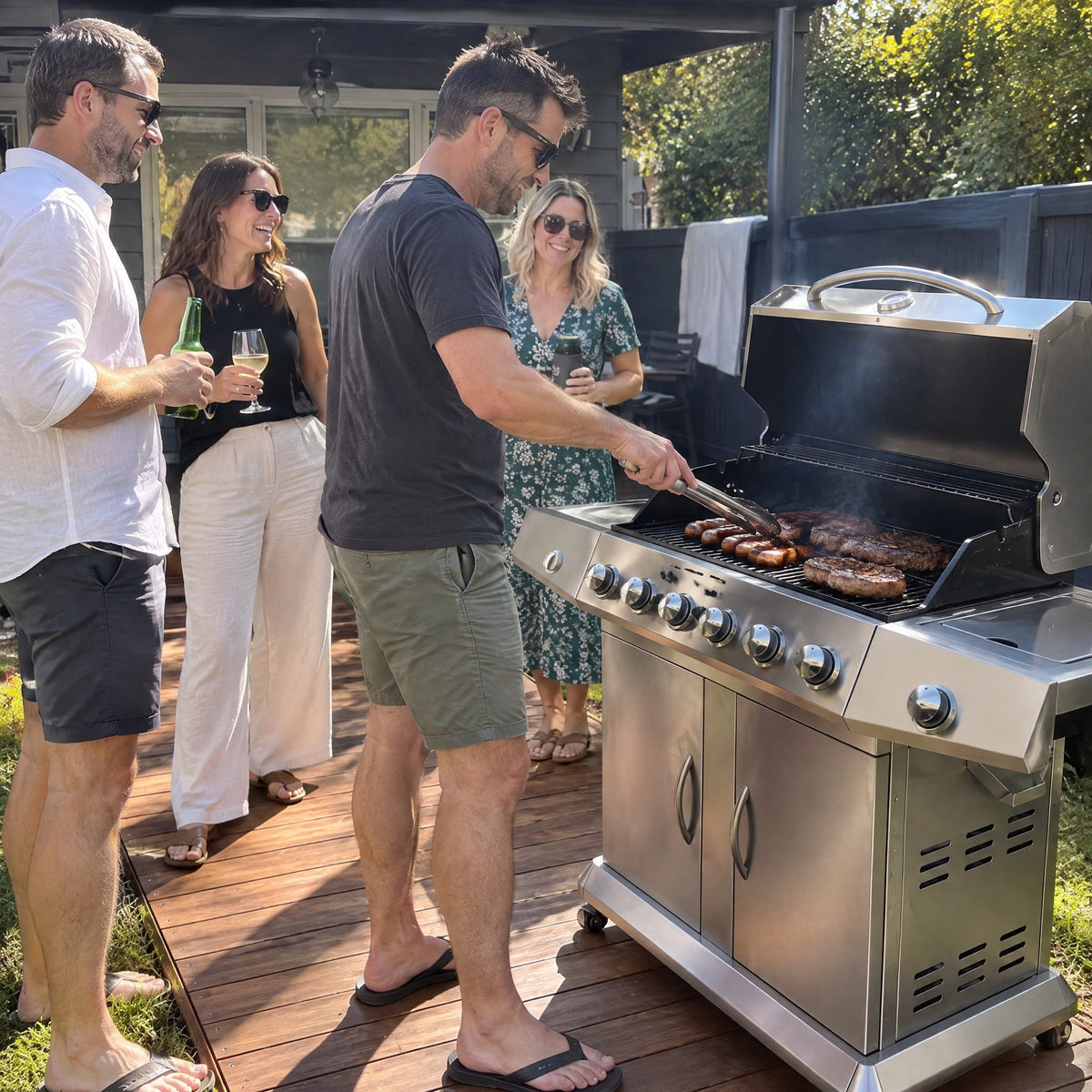 6-Burner Gas BBQ, Folding Shelves - in use