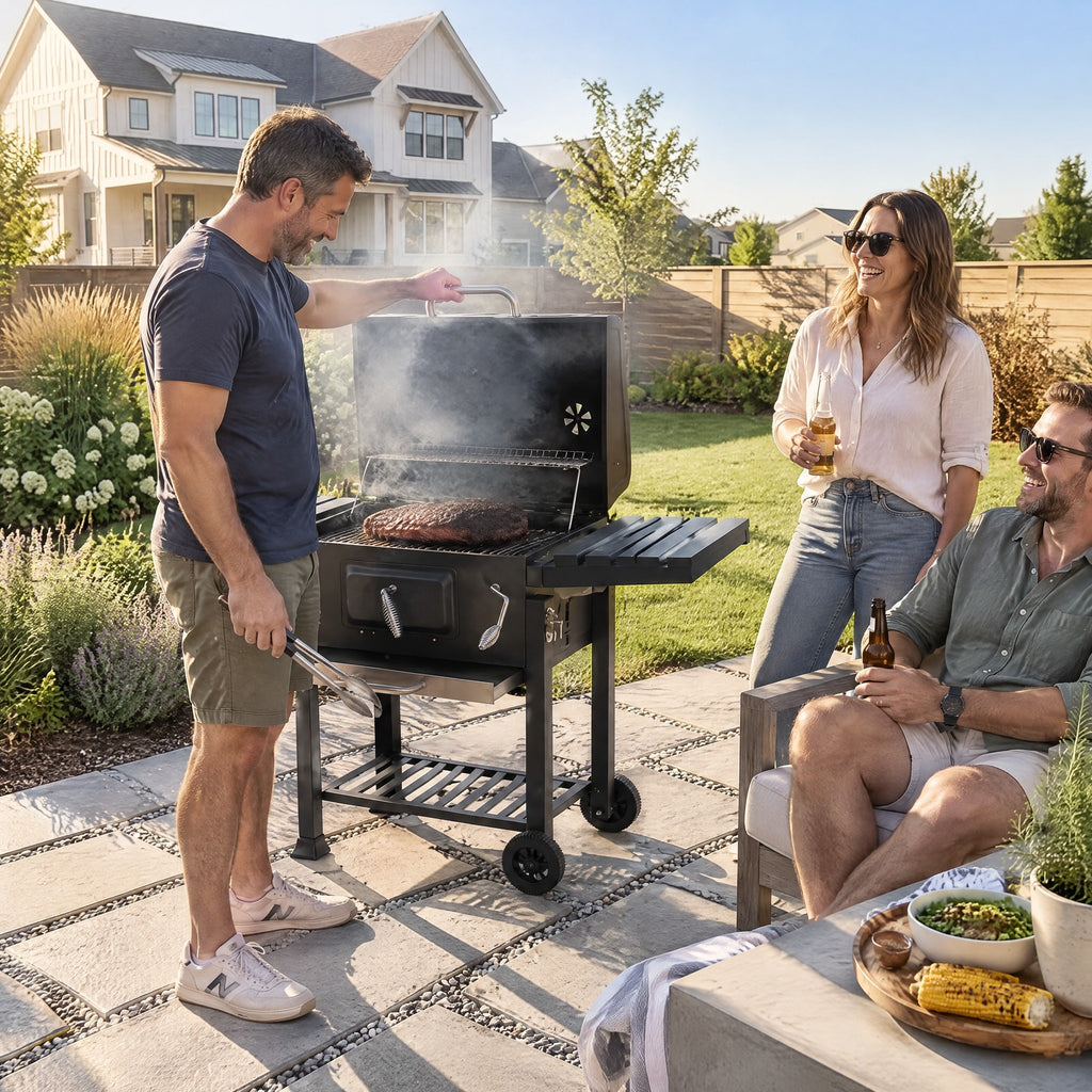 Large Charcoal Barrel BBQ on Cart - in use