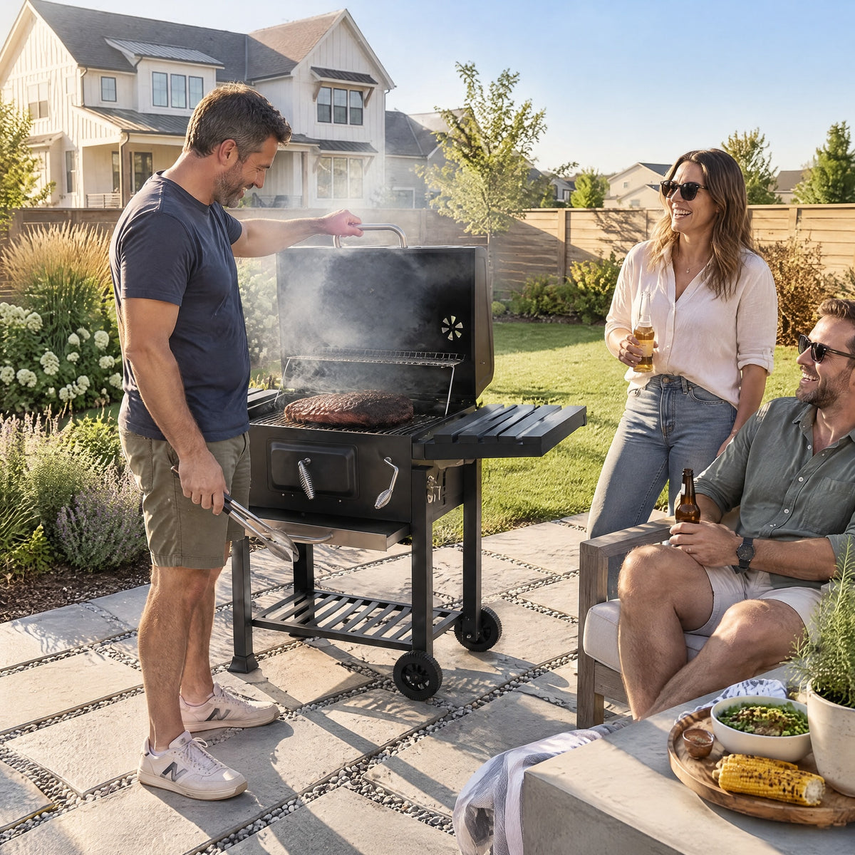 Large Charcoal Barrel BBQ on Cart - in use