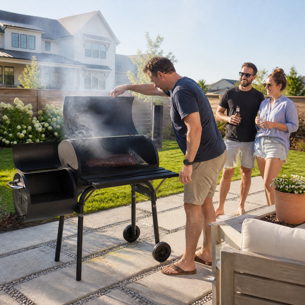 Offset Charcoal Smoker BBQ, Barrel Style - in use