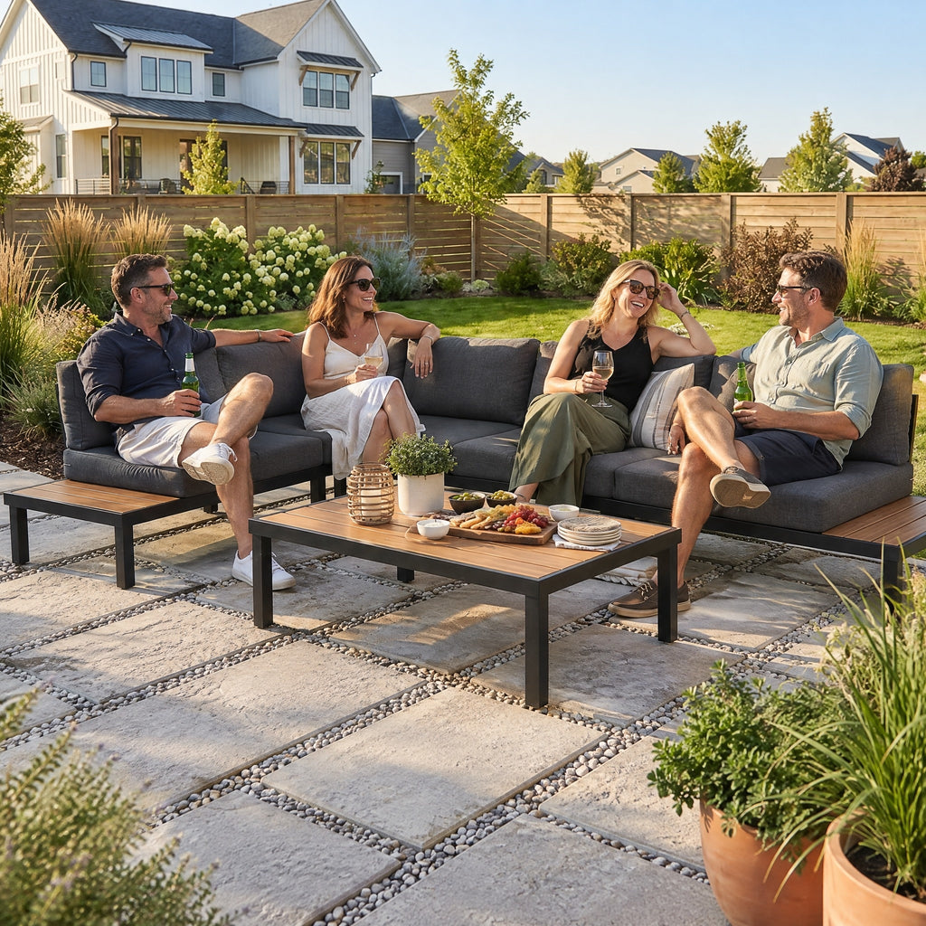 L-Shaped Outdoor Lounge Set with Coffee Table - in use