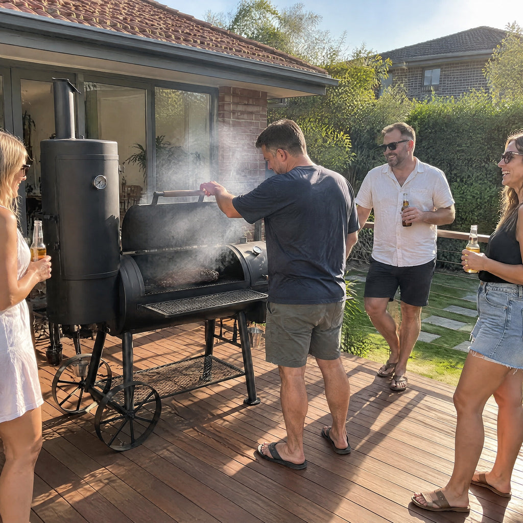 Large Offset Charcoal Smoker on Wheels - in use
