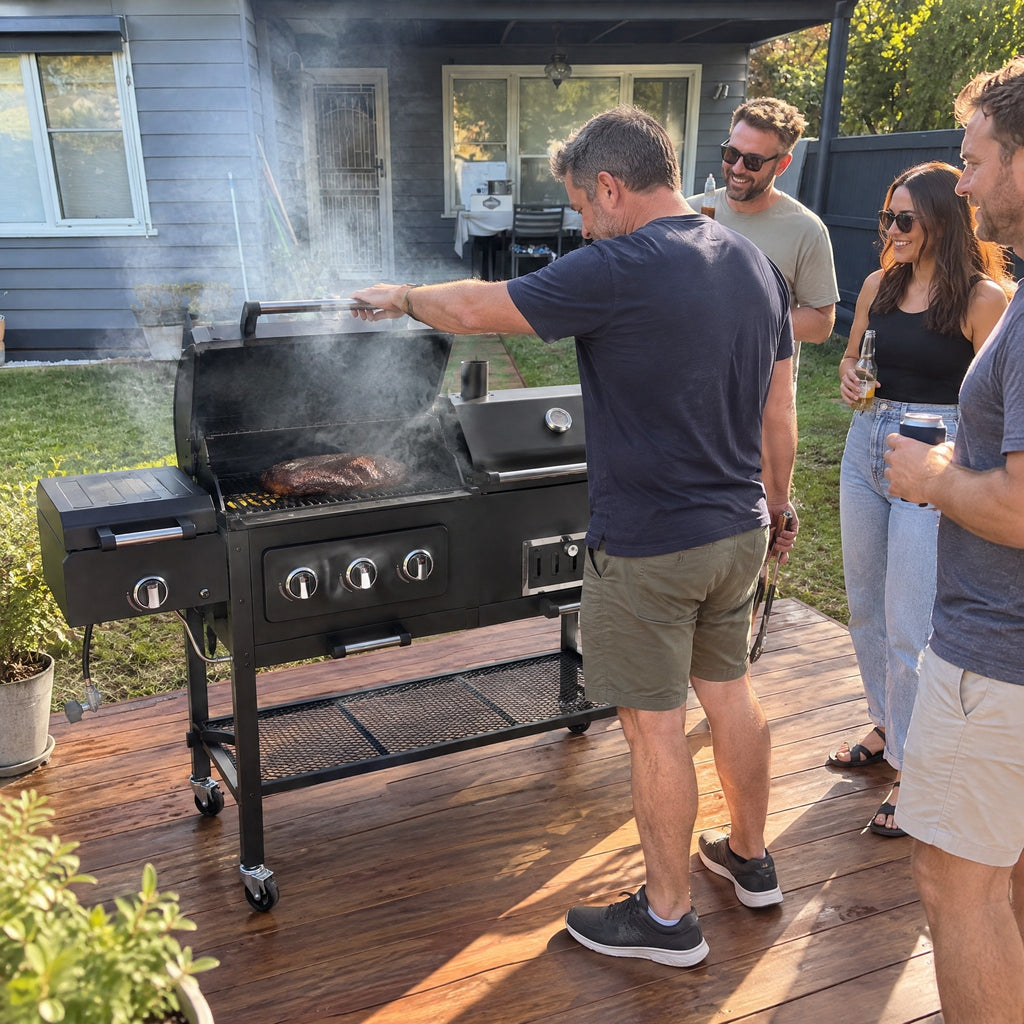 Gas and Charcoal Grill with Side Burner - in use