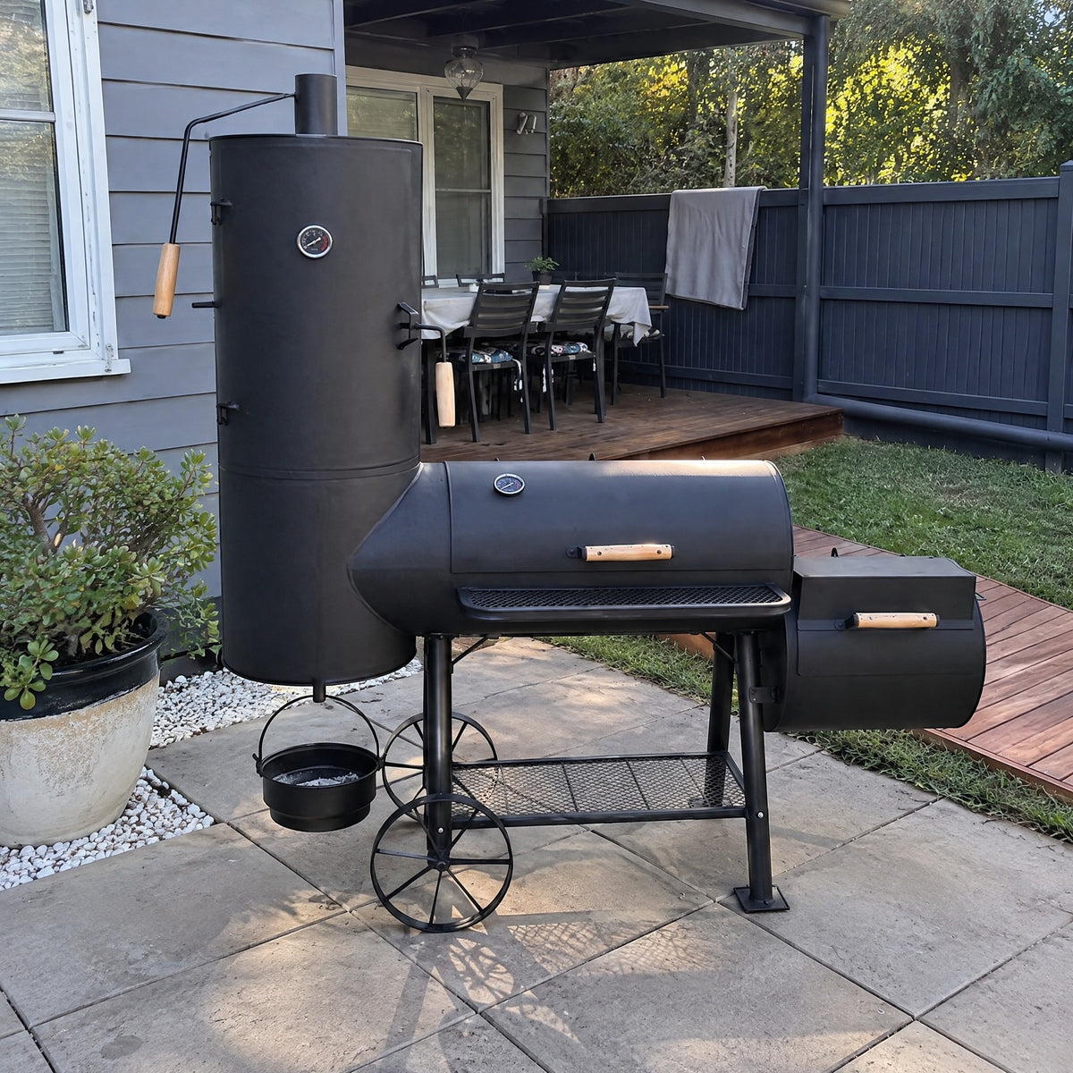 Large Offset Charcoal Smoker on Wheels - in an Australian backyard