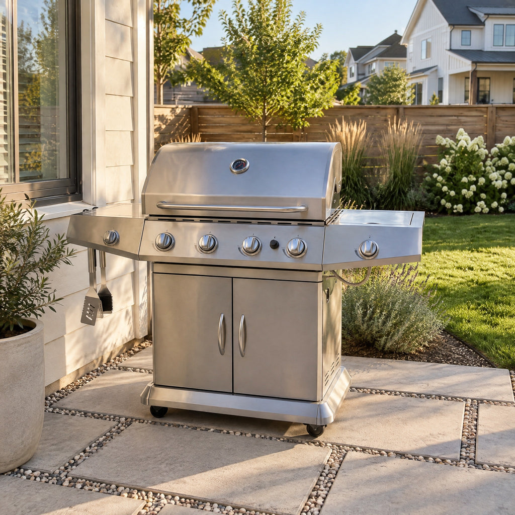 4-Burner Stainless Steel Hooded BBQ with Side Burner - in an Australian backyard