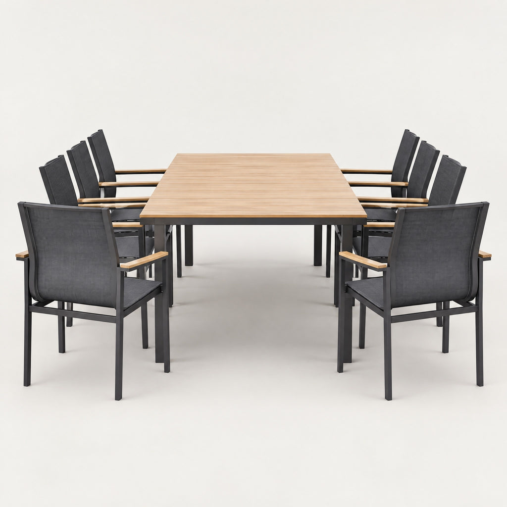 Aluminium Dining Set with Timber Armrests - front view