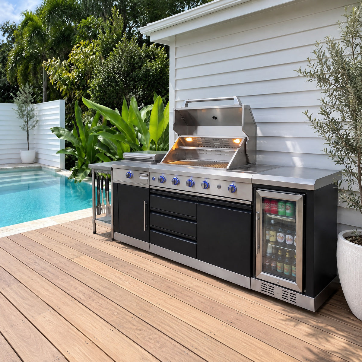 Modular Stainless Outdoor Kitchen with BBQ and Bar Fridge - in an Australian backyard