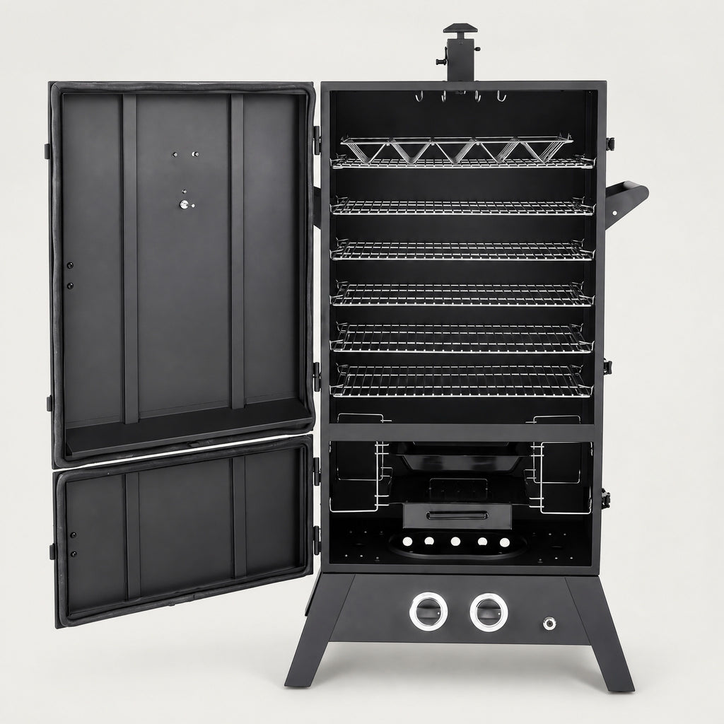 Gas Smoker with Double Burner and Chimney - front view