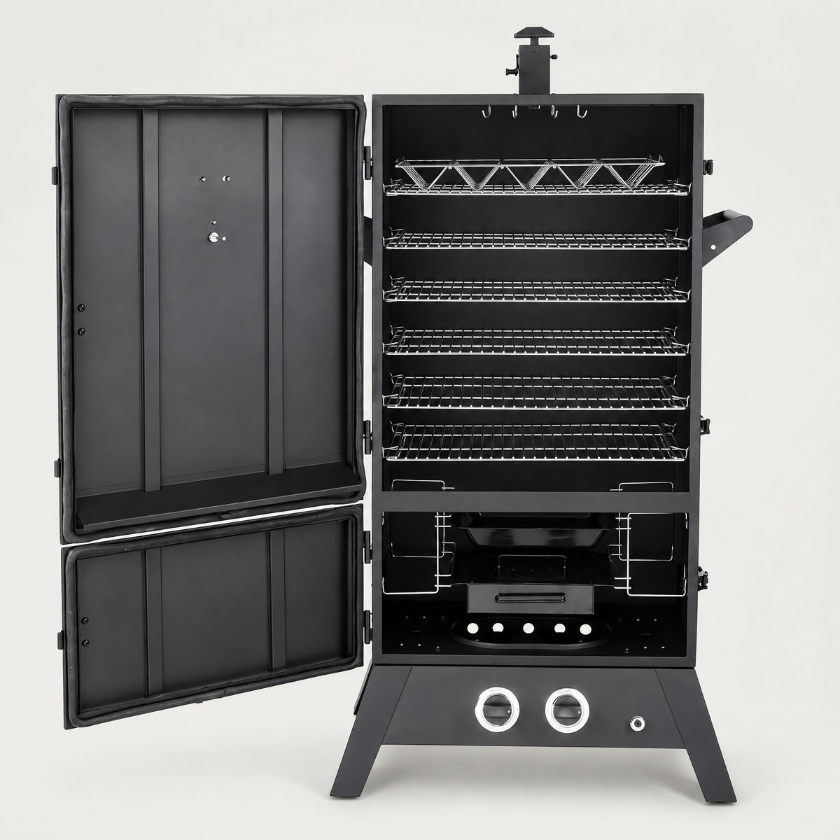 Gas Smoker with Double Burner and Chimney - front view