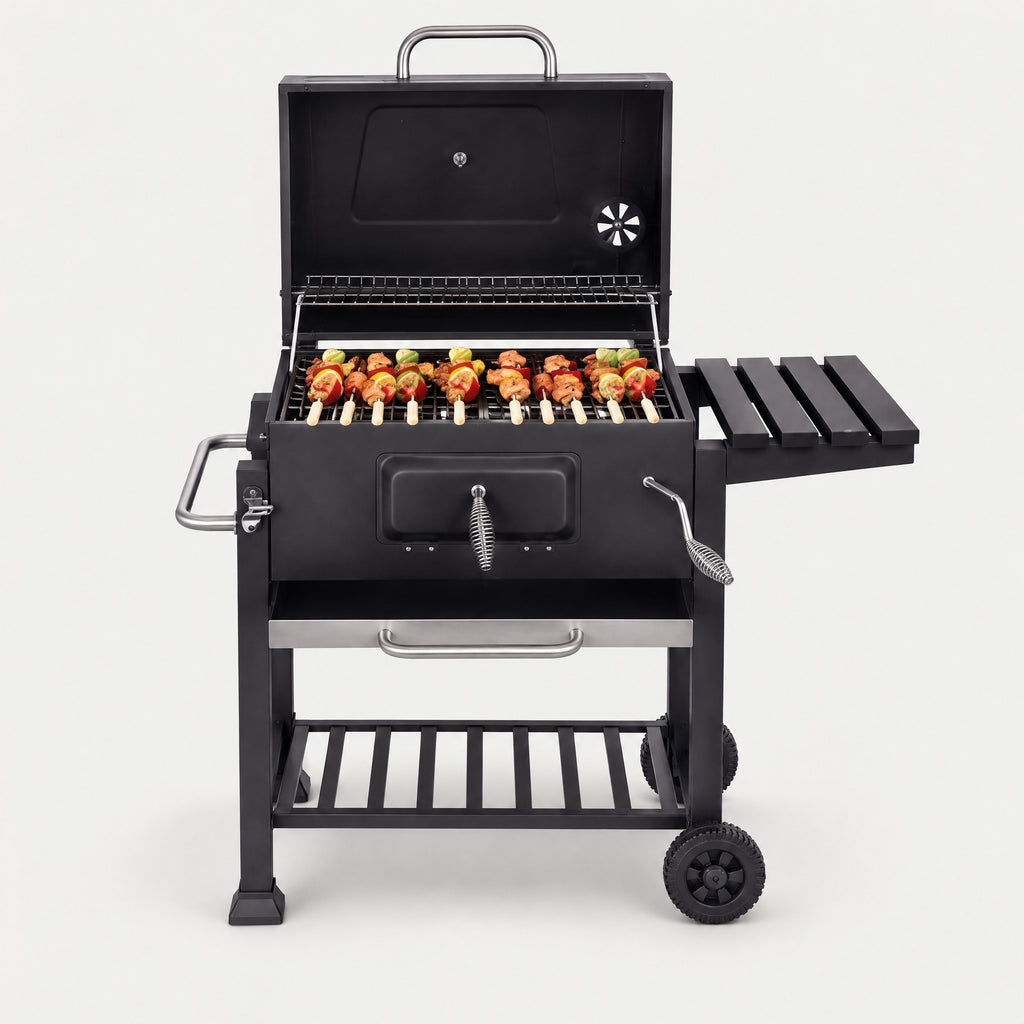 Large Charcoal Barrel BBQ on Cart - front view