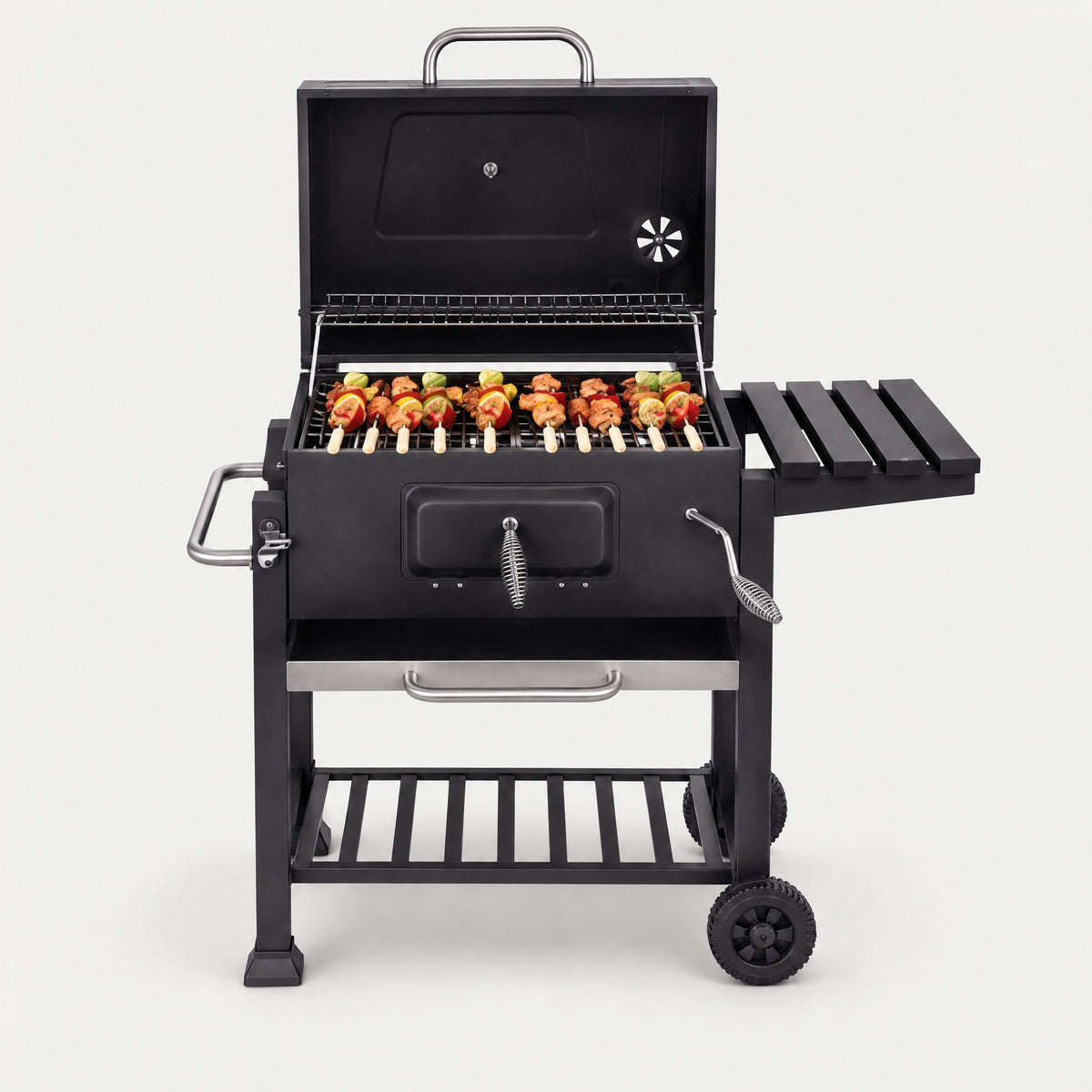 Large Charcoal Barrel BBQ on Cart - front view