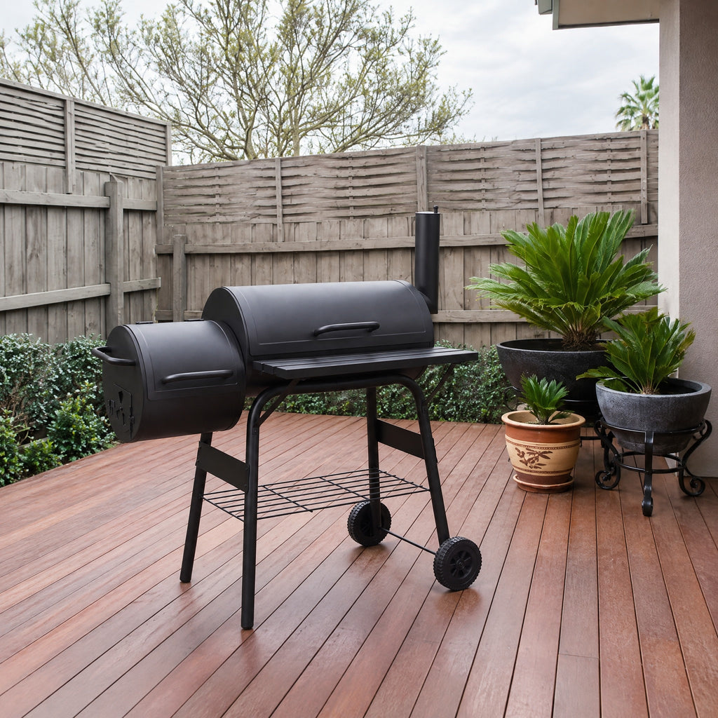 Charcoal BBQ Grill with Offset Smoker - in an Australian backyard