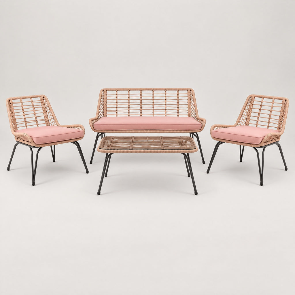 4-Piece Rope Outdoor Lounge Set, Pink - front view