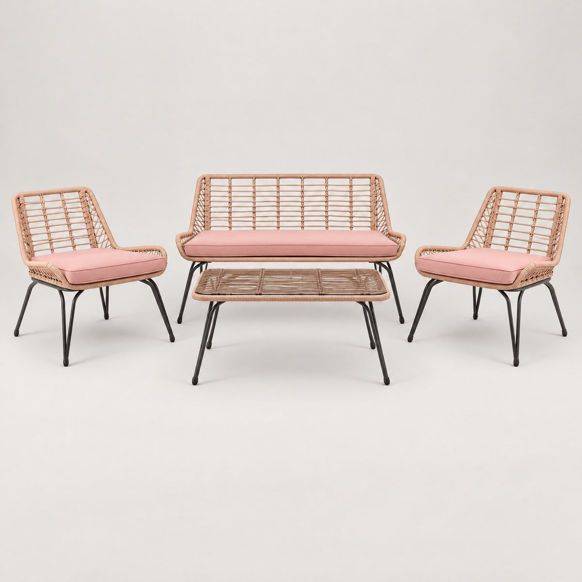 4-Piece Rope Outdoor Lounge Set, Pink - front view