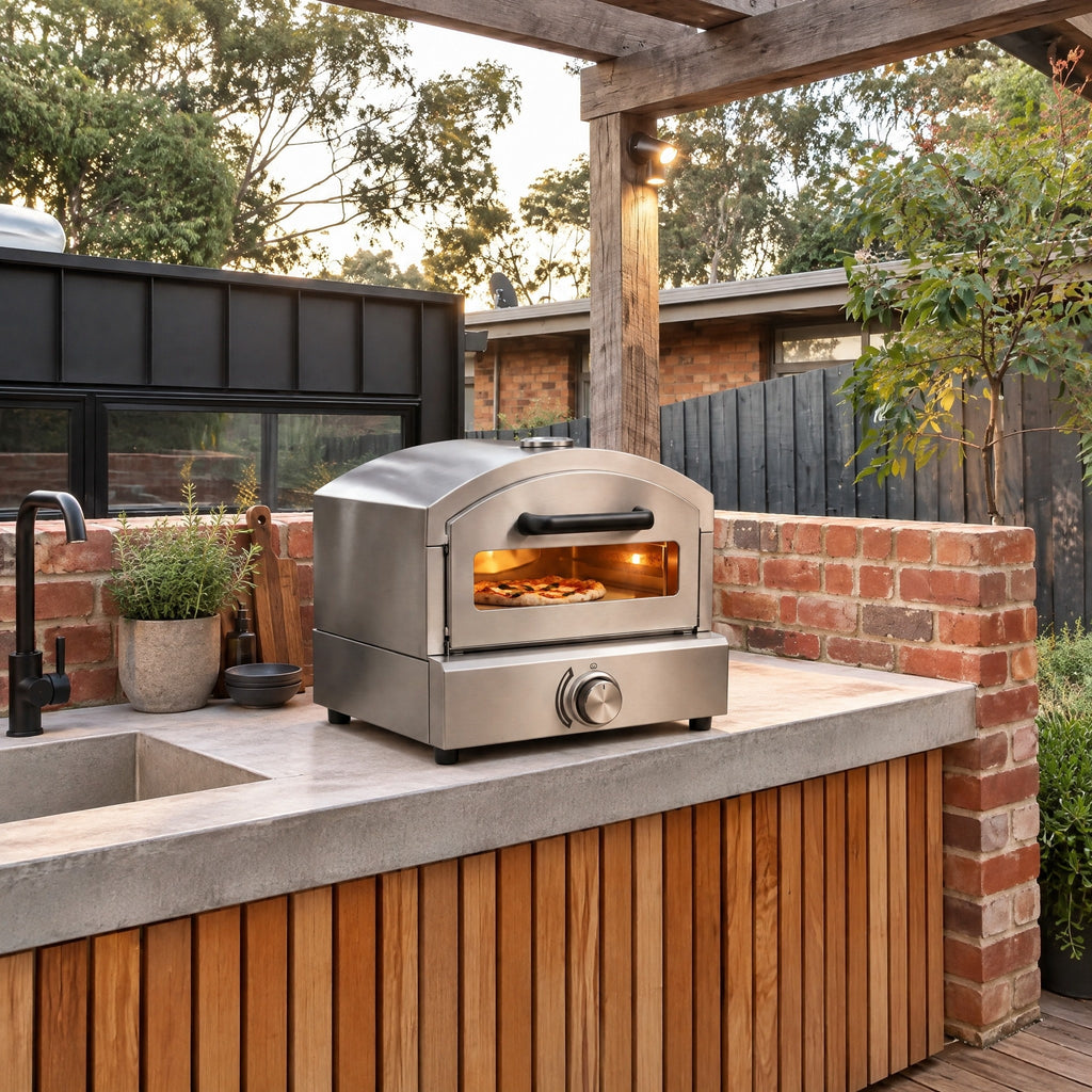 Countertop Gas Pizza Oven with Glass Door - in an Australian backyard