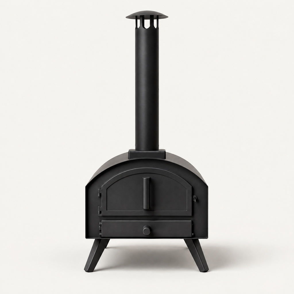 Pizza Oven with Sliding Drawer and Chimney - front view