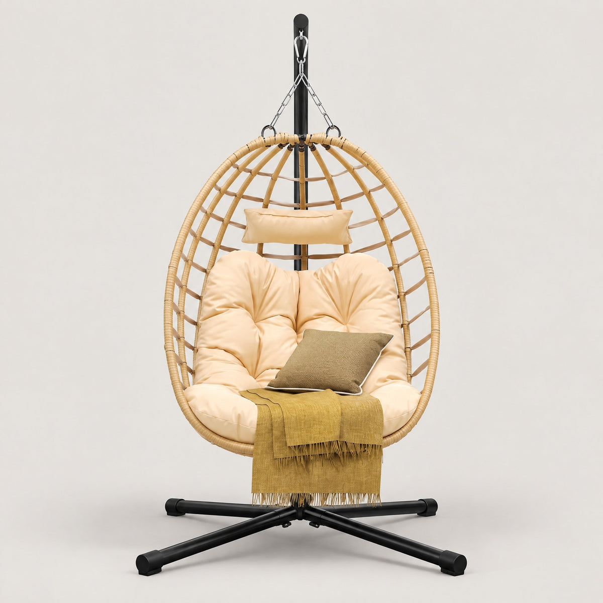 Hanging Egg Chair with Stand, Natural - front view
