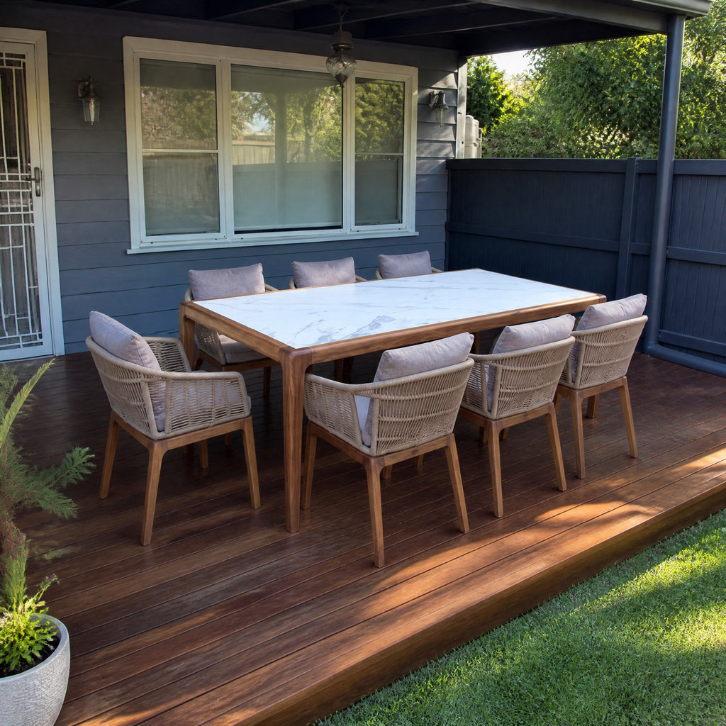 6-Seater Outdoor Dining Set, Marble-Look Table - in an Australian backyard