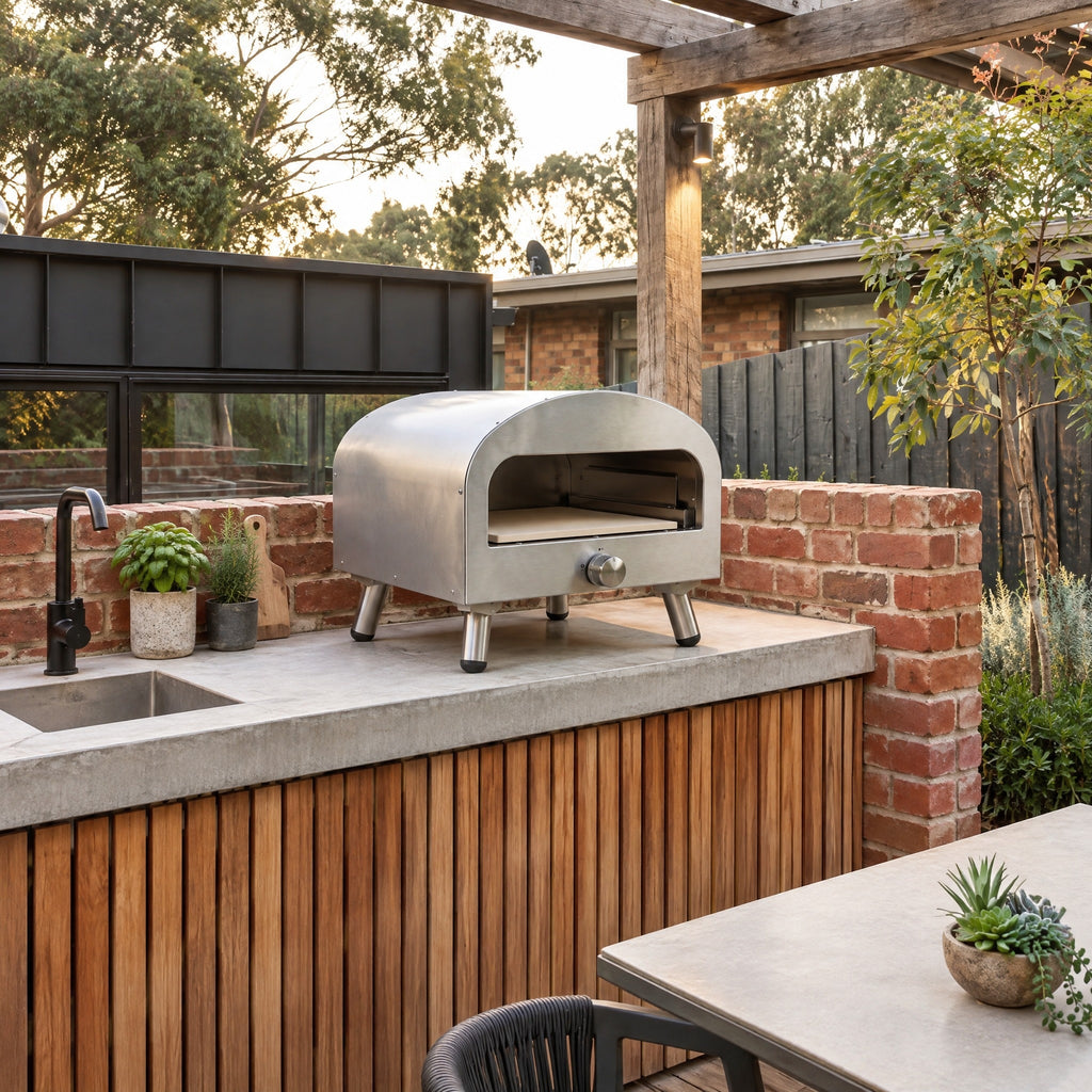 Stainless Steel Portable Gas Pizza Oven - in an Australian backyard