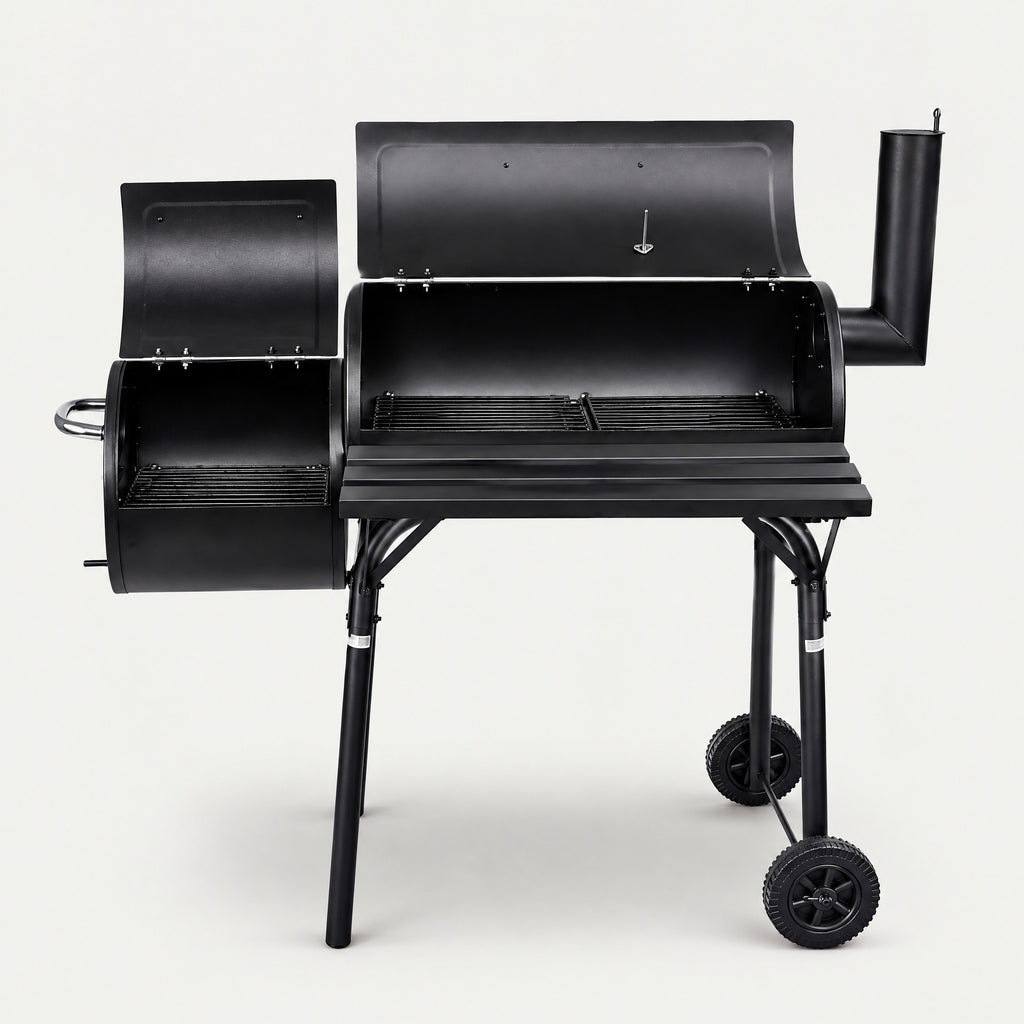Offset Charcoal Smoker BBQ, Barrel Style - front view