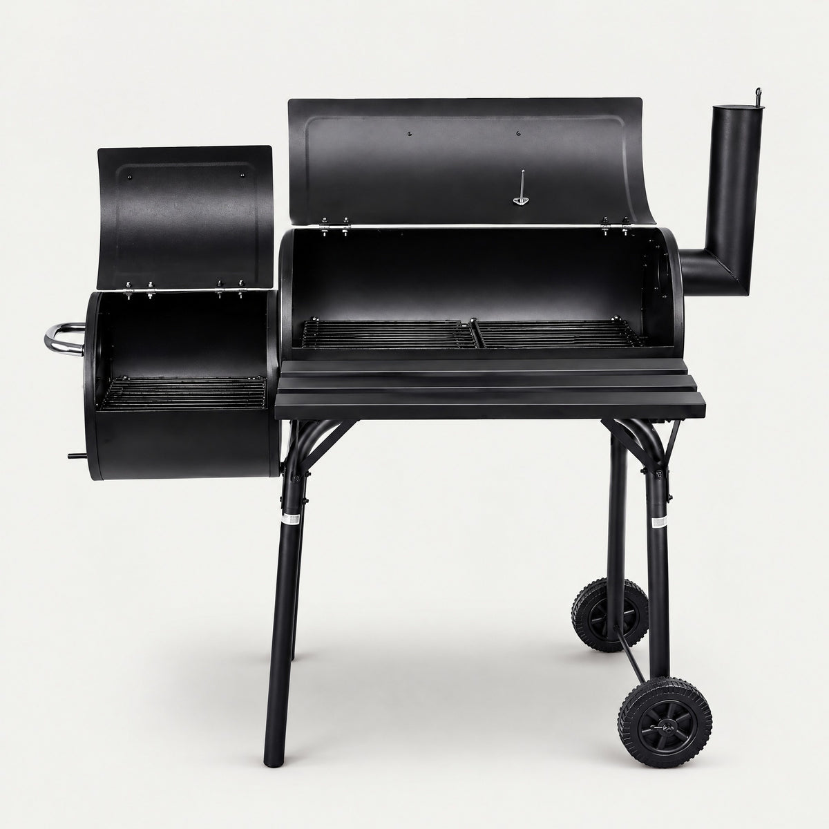 Offset Charcoal Smoker BBQ, Barrel Style - front view